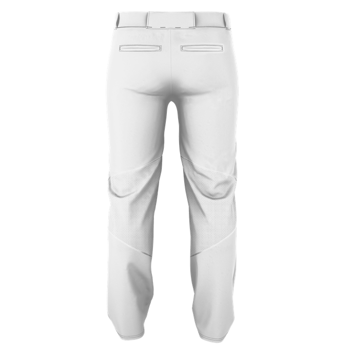 Back view of Alleson Adult Crush Open Bottom Baseball Pants (655WLP) in white, featuring double-knit polyester, two welt pockets, belt loops, reinforced knees, and adjustable leg openings—shown on a plain white background.