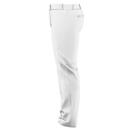 The Alleson Adult Crush Open Bottom Baseball Pants (655WLP) by Alleson are white pants with a belt, made from double-knit polyester for durability and sliding protection.