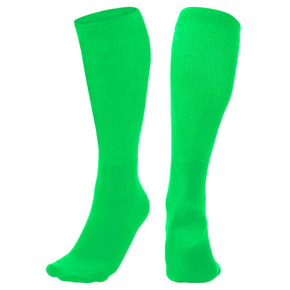 A pair of Champro Sports Multi-Sport Socks (AS2) in neon green, displayed upright—one front and one back view—on a white background, highlighting their bold, sporty unisex style.