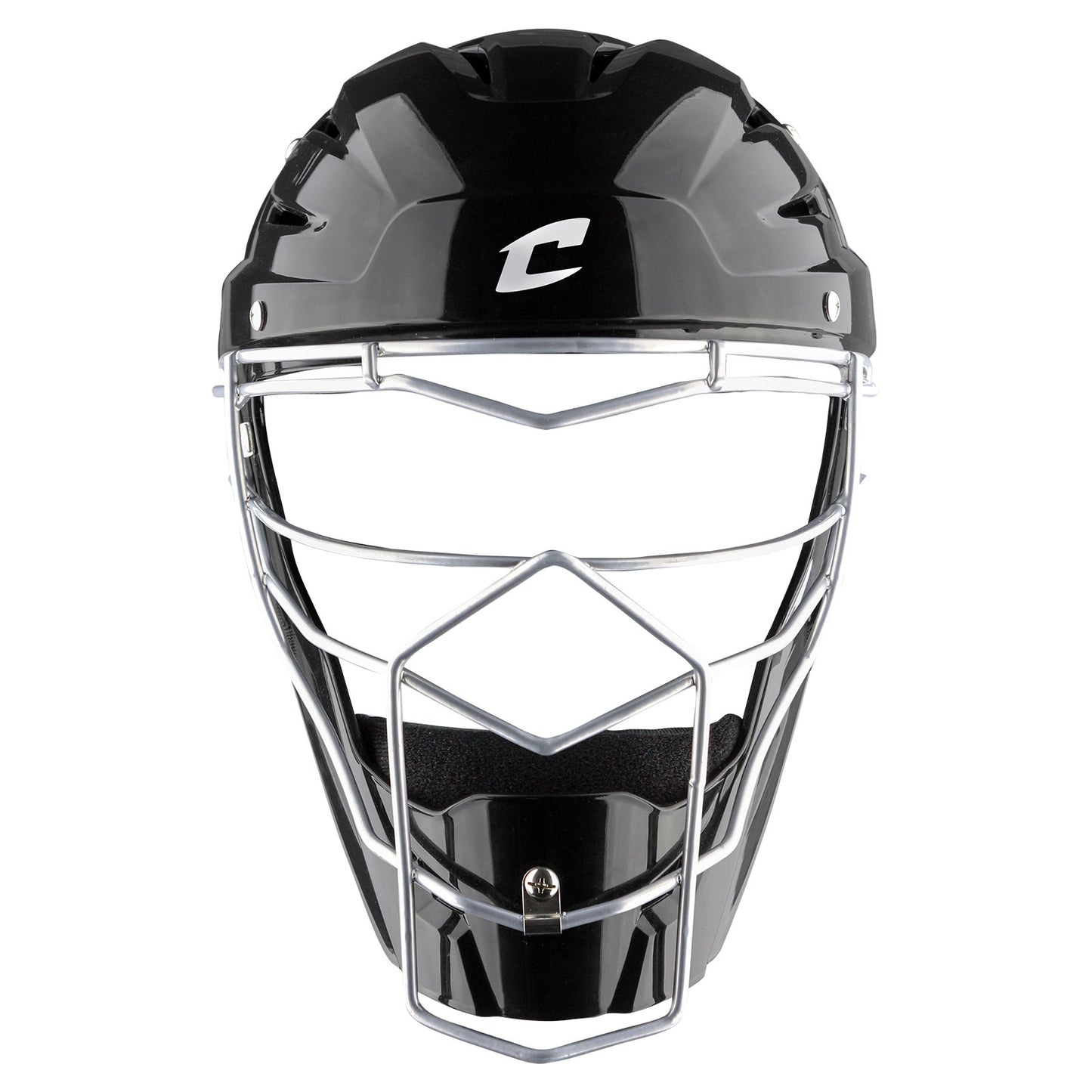 The Champro Sports Optimus MVP Hockey Style Catcher's Helmet (CM75) features a black ABS shell, metallic silver faceguard, and a white C logo on the forehead, displayed against a white background.