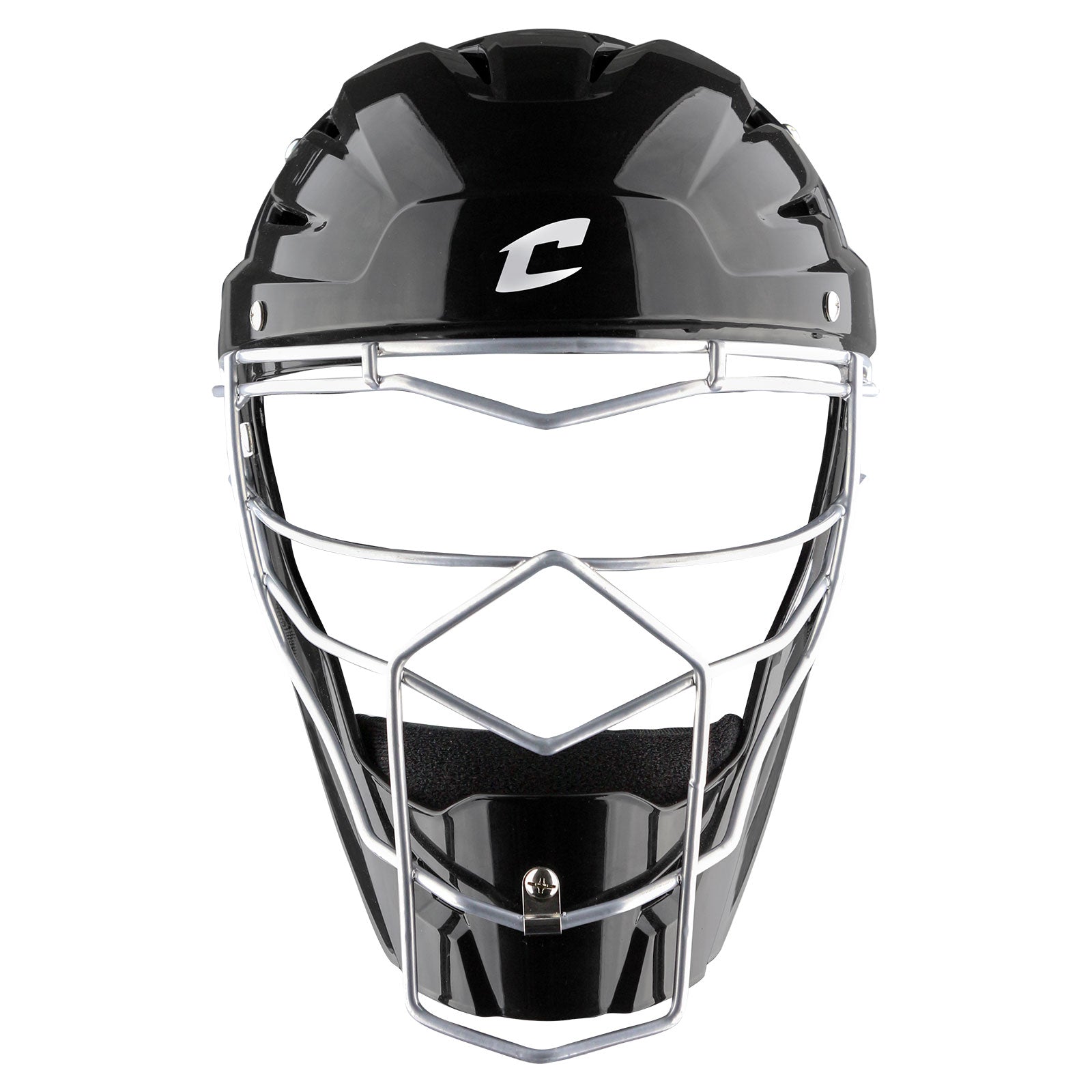 The Champro Sports Optimus MVP Hockey Style Catcher's Helmet (CM75) features a black ABS shell, metallic silver faceguard, and a white C logo on the forehead, displayed against a white background.
