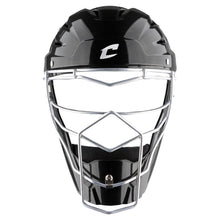 The Champro Sports Optimus MVP Hockey Style Catcher's Helmet (CM75) features a black ABS shell, metallic silver faceguard, and a white C logo on the forehead, displayed against a white background.