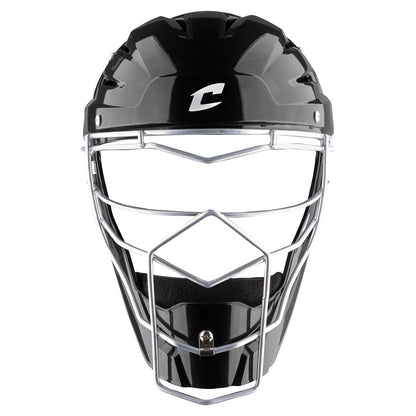 The Champro Sports Optimus MVP Hockey Style Catcher's Helmet (CM75) features a black ABS shell, metallic silver faceguard, and a white C logo on the forehead, displayed against a white background.