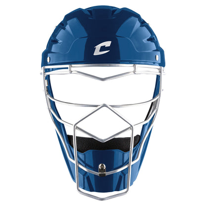 The Champro Optimus MVP Hockey Style Catcher's Helmet (CM75) by Champro Sports is blue with a chrome cage, black padded interior, white C logo on the forehead, and a durable ABS shell. Photographed against a white background.