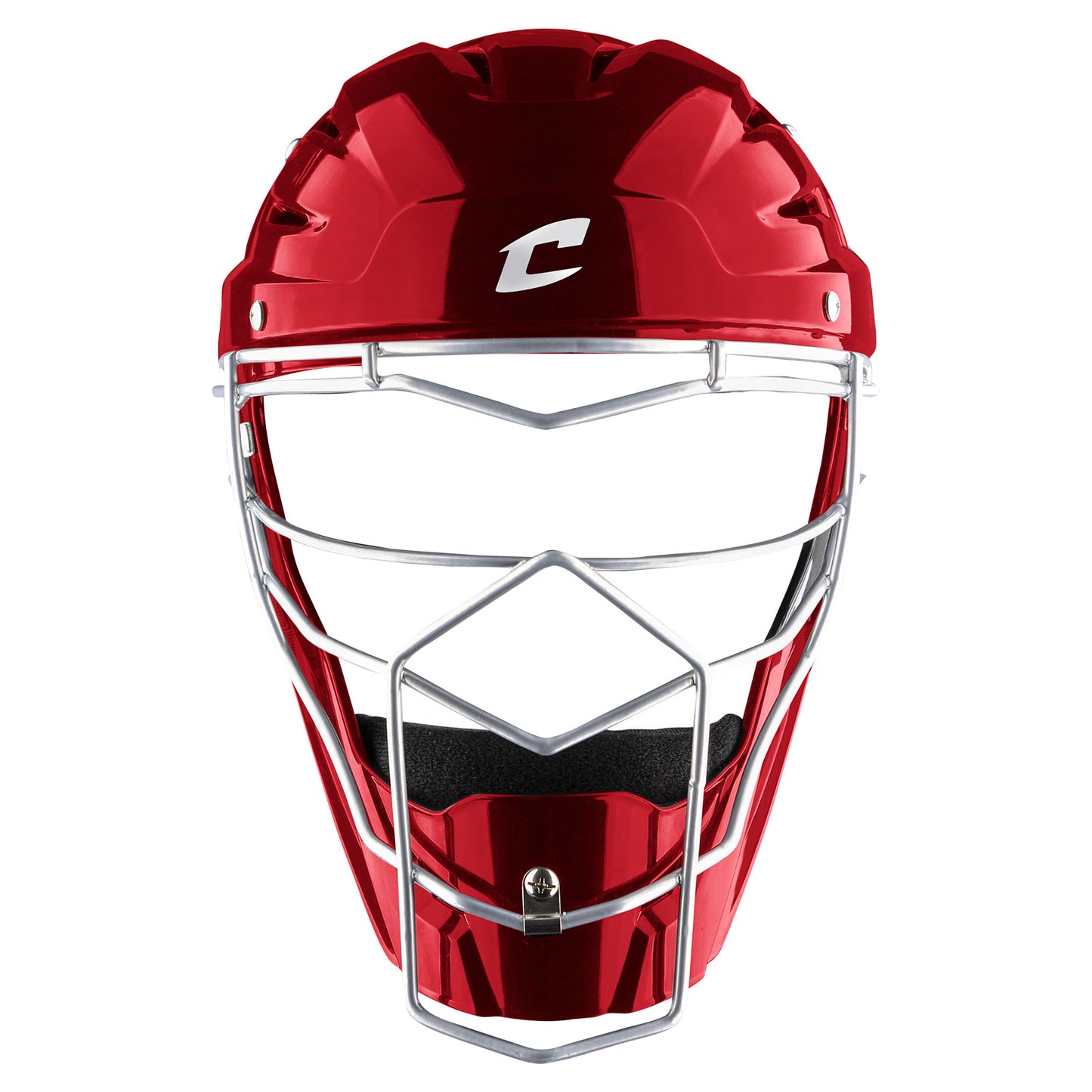 Front view of the Champro Optimus MVP Hockey Style Catcher's Helmet (CM75) by Champro Sports, featuring a shiny red ABS shell, silver metal face guard, and a white C logo on the forehead.
