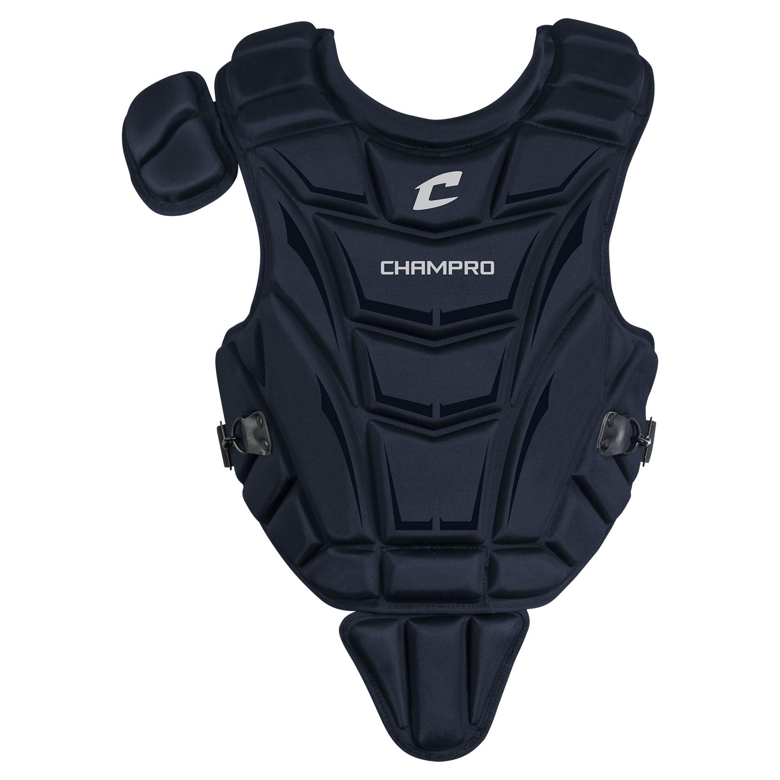 The Champro Sports Optimus MVP Catcher's Chest Protector (CP10) is black with energy-absorbing padded sections, an attached shoulder pad, adjustable side straps and back harness, plus a front logo.