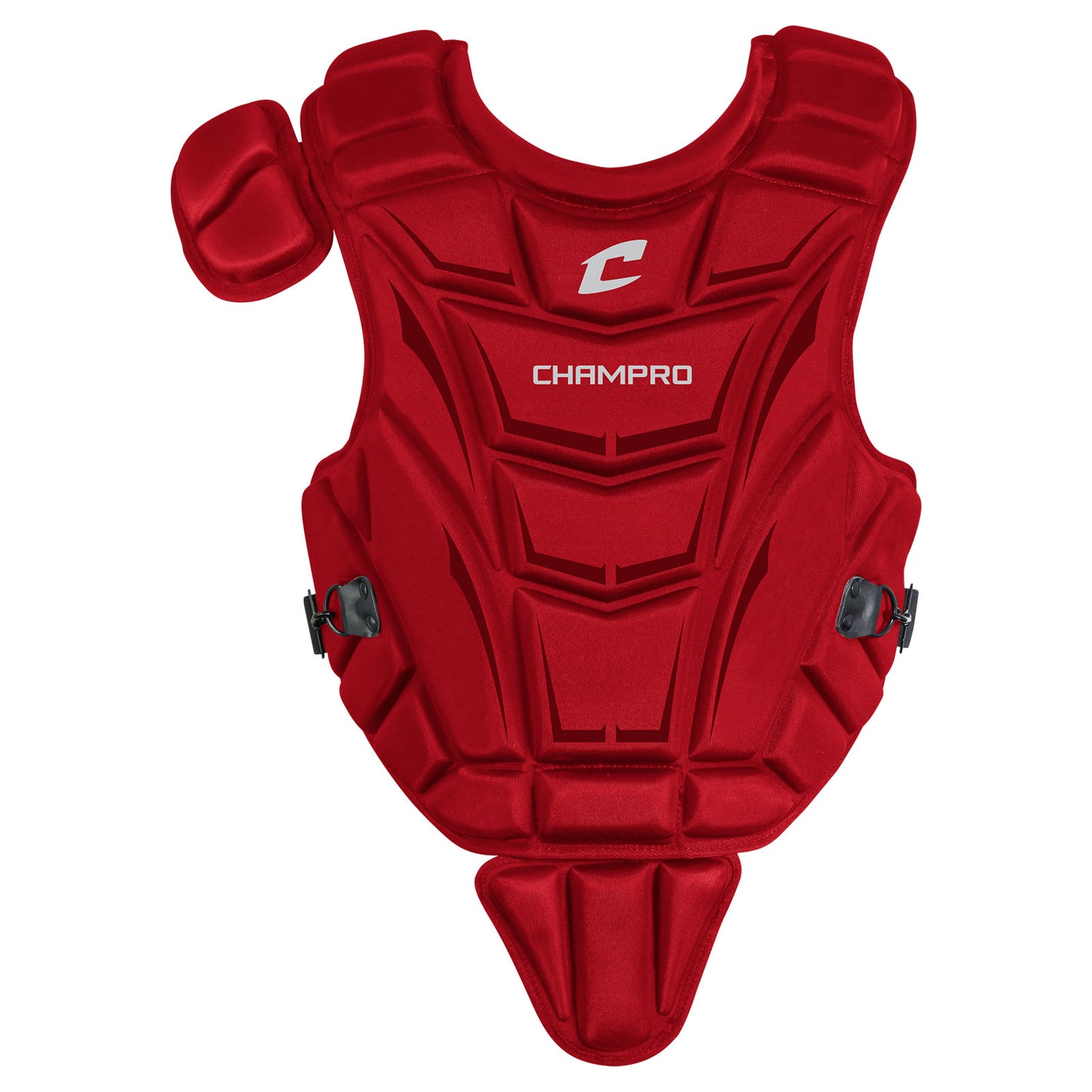 The Champro Sports Optimus MVP Catcher's Chest Protector (CP10) features black side clips, molded energy-absorbing padding, and an adjustable back harness for secure protection.