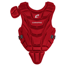 The Champro Sports Optimus MVP Catcher's Chest Protector (CP10) features black side clips, molded energy-absorbing padding, and an adjustable back harness for secure protection.