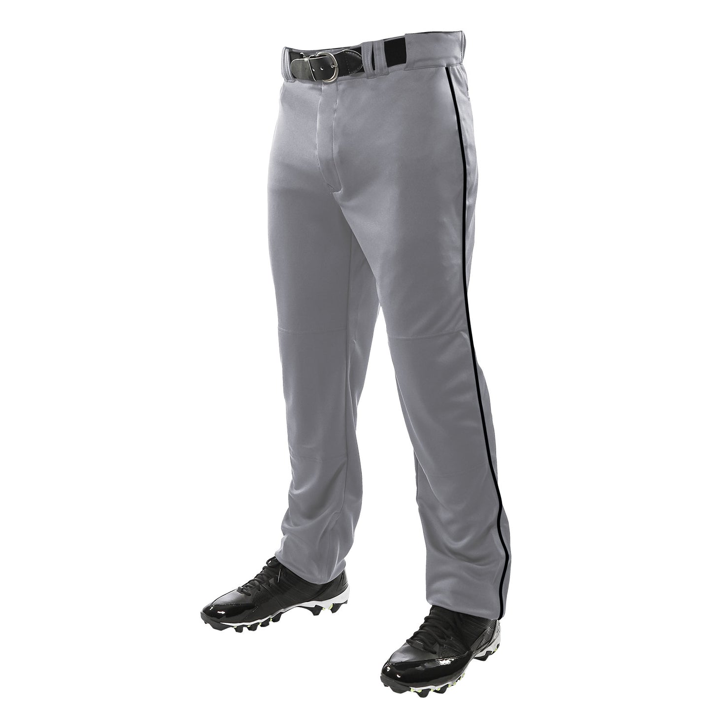 A person wearing Champro Sports Triple Crown Open Bottom Baseball Pants with Piping (BP91UA), paired with a black belt and black cleats, stands against a white background.