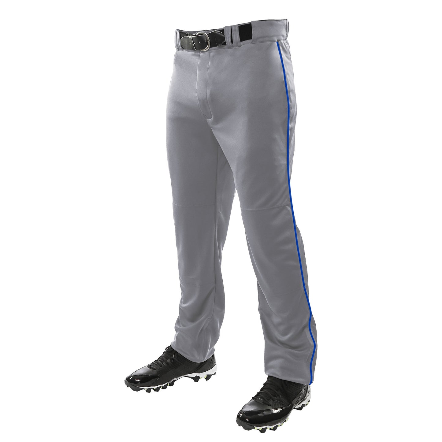 A person wearing Champro Sports Triple Crown Open Bottom Baseball Pants with blue piping (BP91UA), a black belt, and black cleats stands against a white background.