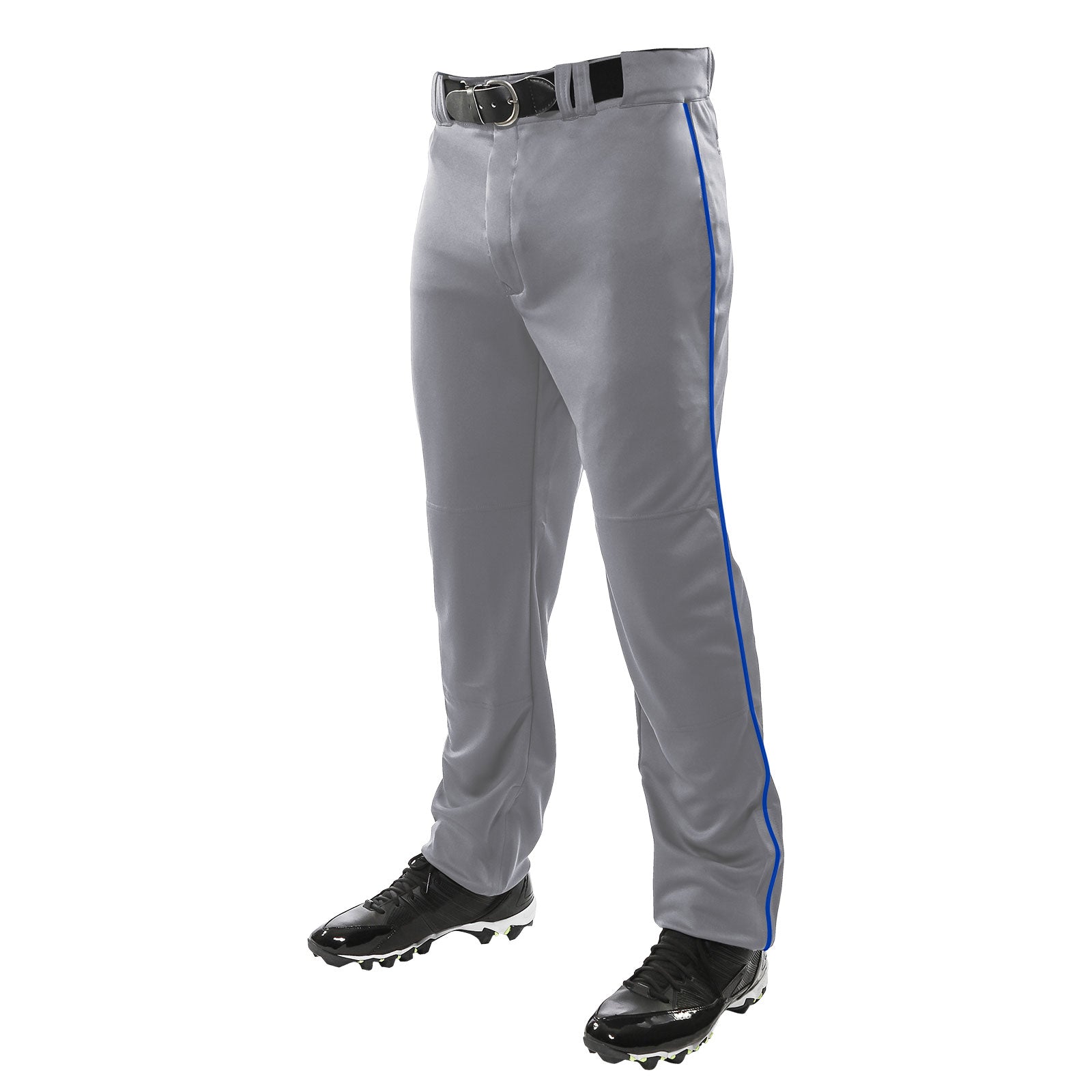 A person wearing Champro Sports Triple Crown Open Bottom Baseball Pants with blue piping (BP91UA), a black belt, and black cleats stands against a white background.