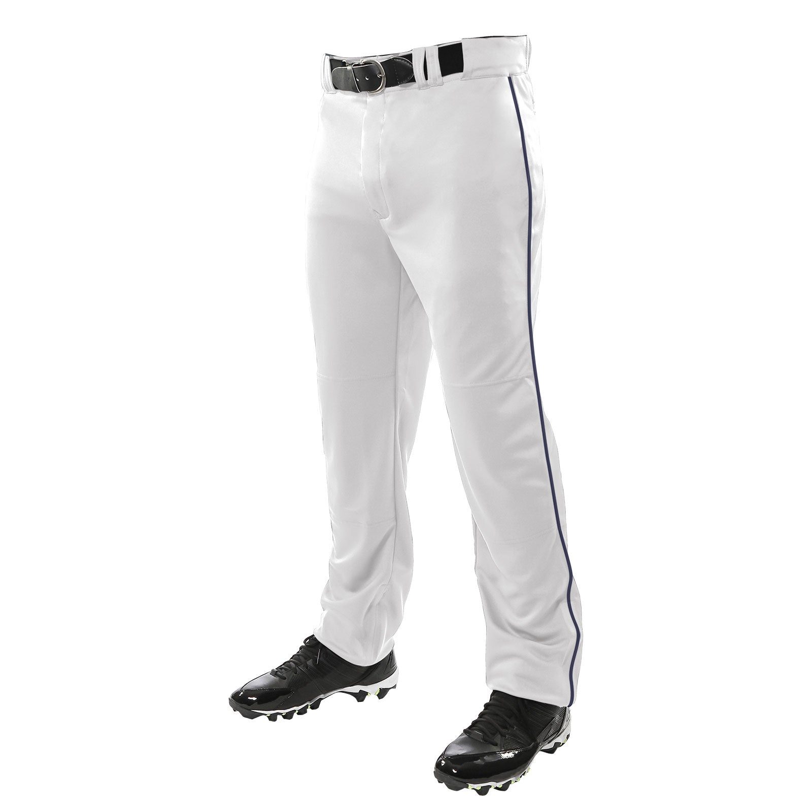 A person wearing Champro Sports Youth Triple Crown Open Bottom Baseball Pants with Piping (BP91UY), paired with a black belt and black cleats, shown from the waist down against a plain white background.