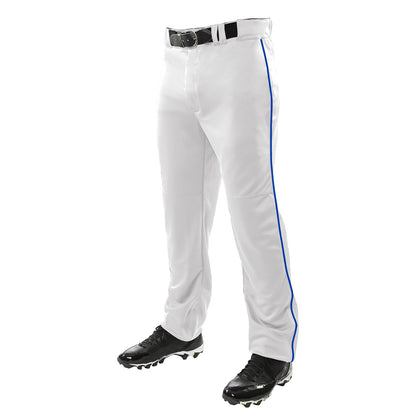 A person wearing Champro Sports Champro Youth Triple Crown Open Bottom Baseball Pants with Piping (BP91UY), featuring a blue stripe, a black belt, and black cleats, stands against a white background.
