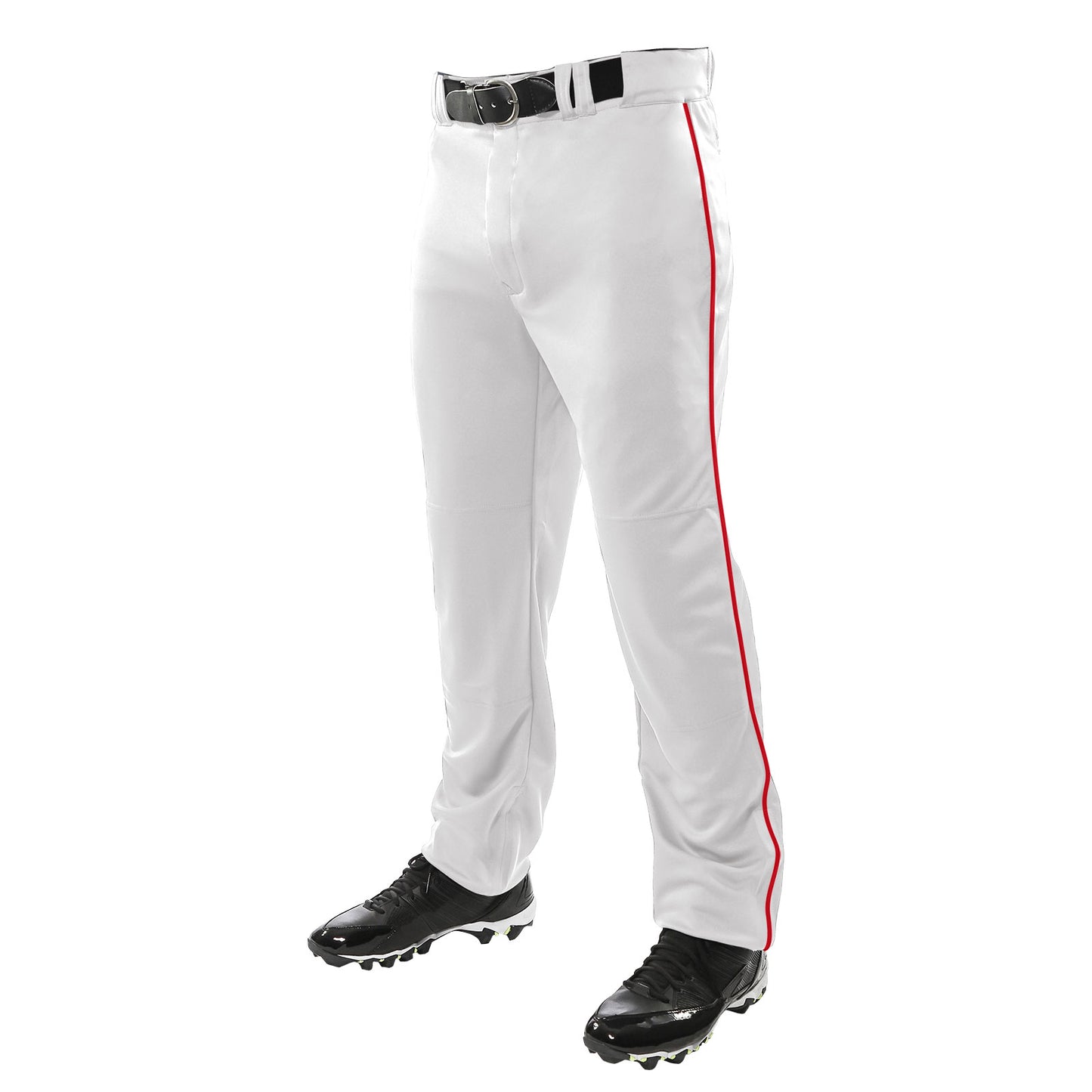 A person wears Champro Sports Champro Adult Triple Crown Open Bottom Baseball Pants with Piping (BP91UA), featuring a red side stripe, black belt, and black cleats, shown waist-down against a white background.
