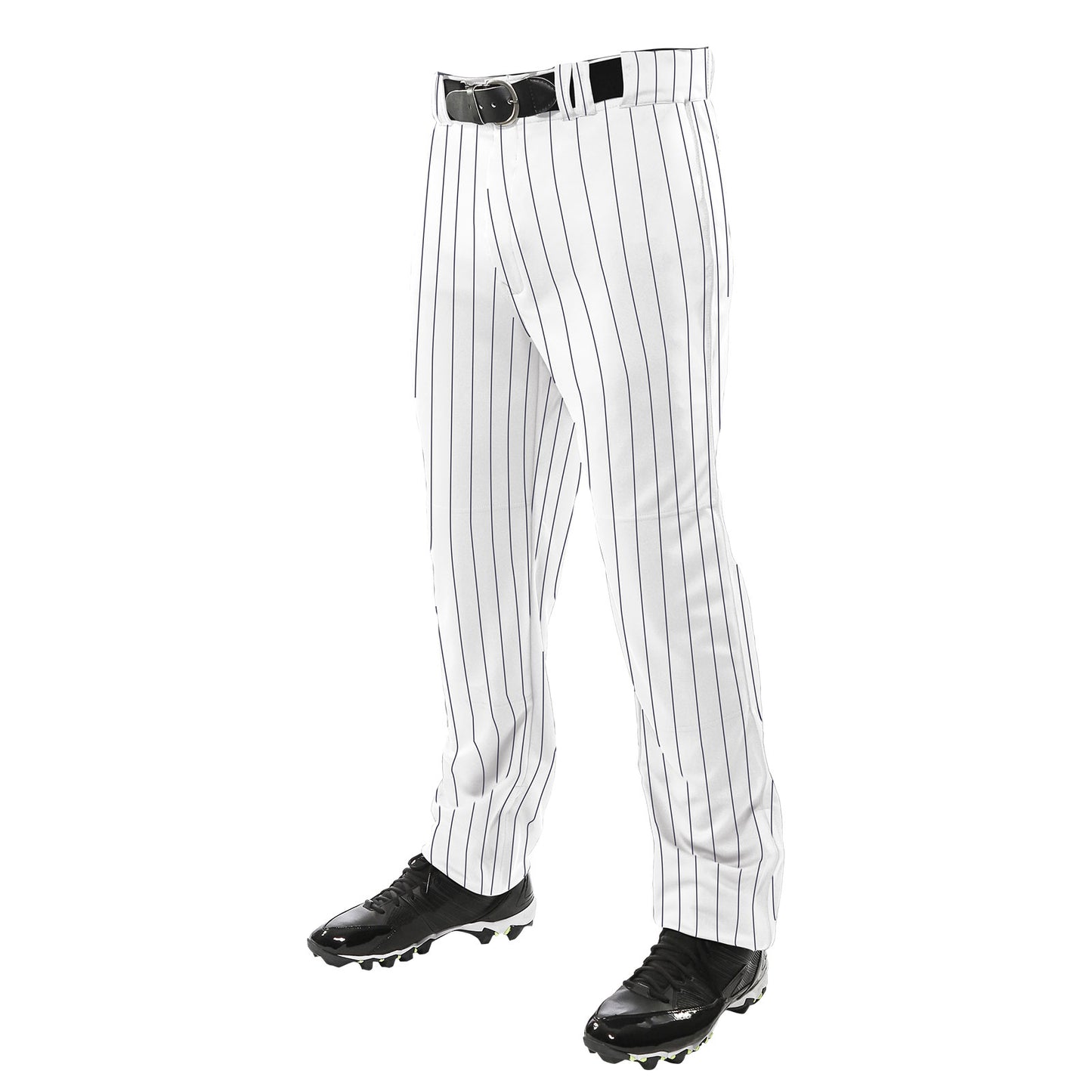 The image shows only the lower half of a person from the waist down wearing Champro Sports Champro Youth Triple Crown Pinstripe Open Bottom Baseball Pants (BPPINY) with thin black pinstripes, a black belt, and black cleats.