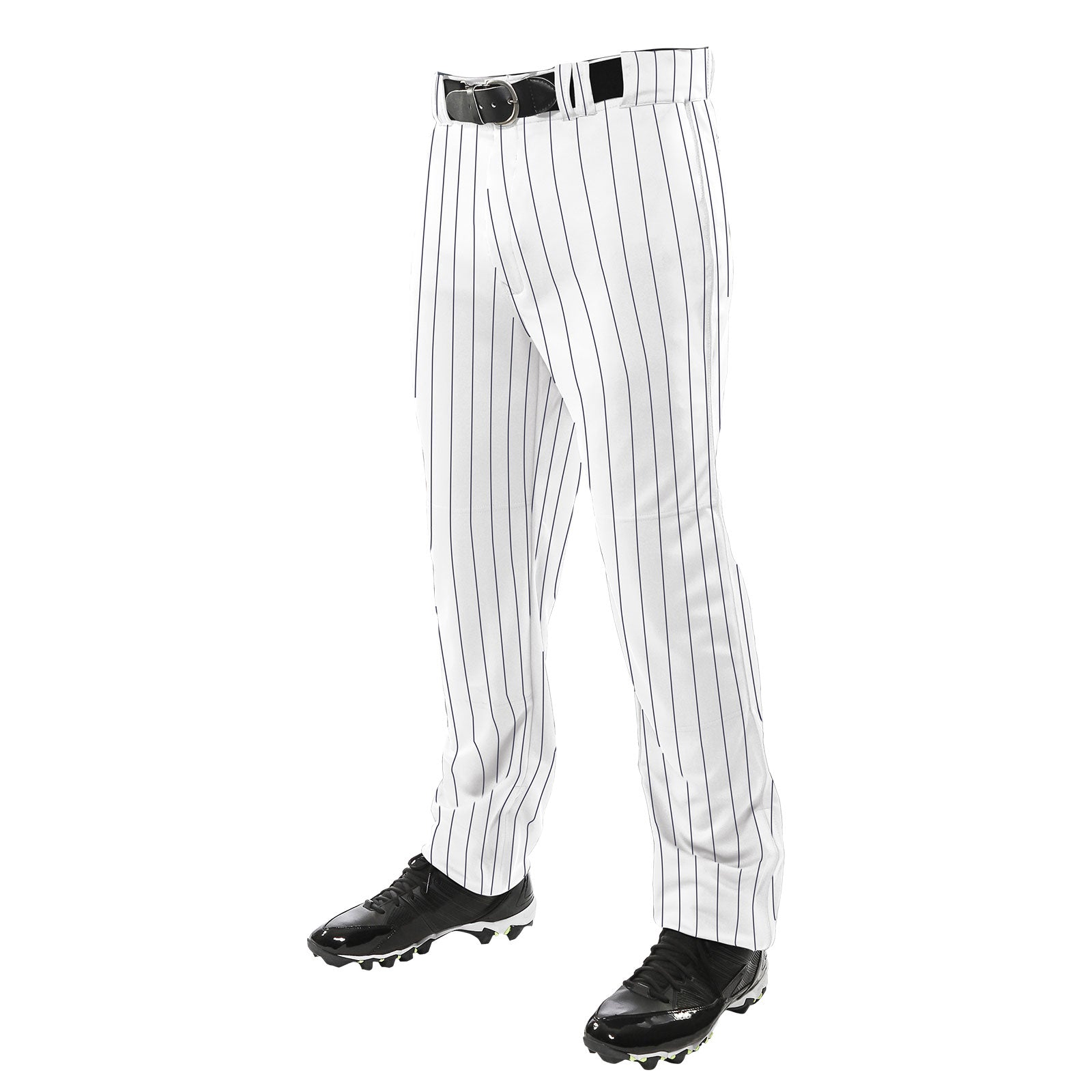 The image shows only the lower half of a person from the waist down wearing Champro Sports Champro Youth Triple Crown Pinstripe Open Bottom Baseball Pants (BPPINY) with thin black pinstripes, a black belt, and black cleats.