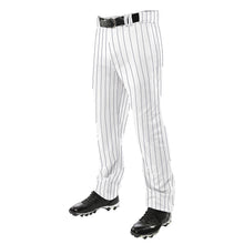 The image shows only the lower half of a person from the waist down wearing Champro Sports Champro Youth Triple Crown Pinstripe Open Bottom Baseball Pants (BPPINY) with thin black pinstripes, a black belt, and black cleats.