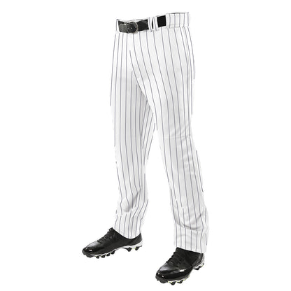 The image shows only the lower half of a person from the waist down wearing Champro Sports Champro Youth Triple Crown Pinstripe Open Bottom Baseball Pants (BPPINY) with thin black pinstripes, a black belt, and black cleats.