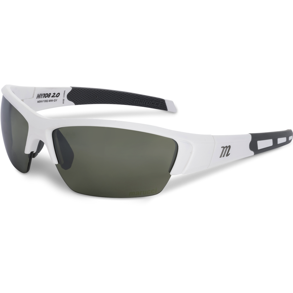 The Marucci MV108 2.0 Performance Sunglasses by Marucci feature a modern wraparound design, white and black frames, dark tinted Carl Zeiss lenses, and an "m" logo on the temples.