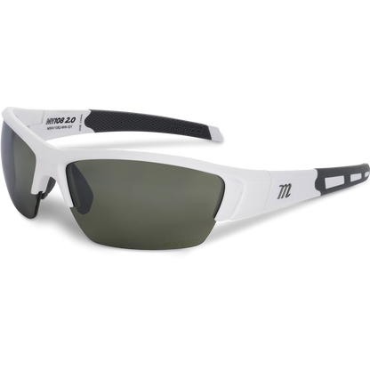 The Marucci MV108 2.0 Performance Sunglasses by Marucci feature a modern wraparound design, white and black frames, dark tinted Carl Zeiss lenses, and an "m" logo on the temples.
