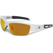 The Marucci MV108 2.0 Performance Sunglasses (MSNV1082) feature a white and black angular frame, orange mirrored Carl Zeiss lenses, Marucci logos on arm and lens, and rubberized temple grips for a secure fit.