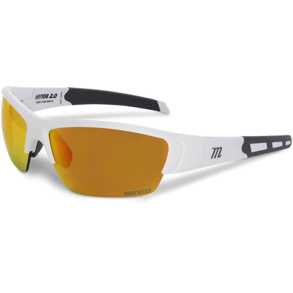 The Marucci MV108 2.0 Performance Sunglasses (MSNV1082) feature a white and black angular frame, orange mirrored Carl Zeiss lenses, Marucci logos on arm and lens, and rubberized temple grips for a secure fit.