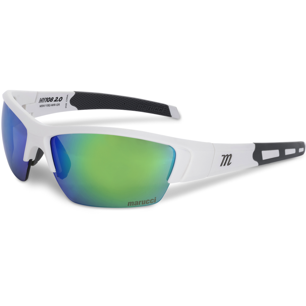 The Marucci MV108 2.0 Performance Sunglasses (MSNV1082) feature white and black frames, reflective green and blue Carl Zeiss lenses, the Marucci logo on the lens, and a bold M on the temple.