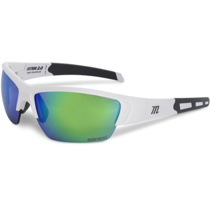 The Marucci MV108 2.0 Performance Sunglasses (MSNV1082) feature white and black frames, reflective green and blue Carl Zeiss lenses, the Marucci logo on the lens, and a bold M on the temple.