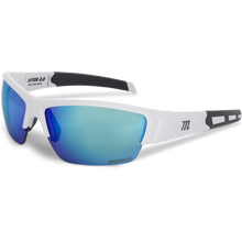 The Marucci MV108 2.0 Performance Sunglasses (MSNV1082) feature a sleek white and black frame, blue mirrored Carl Zeiss lenses with the Marucci name, a stylized "m" on the arm, and rubberized grips for comfort.