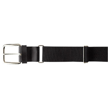 The Champro Sports MVP Baseball/Softball Belt (A062) by Champro Sports is shown horizontally against a white background. It features black bonded leather, 18-gauge thickness, a silver rectangular buckle, and adjustable loops.