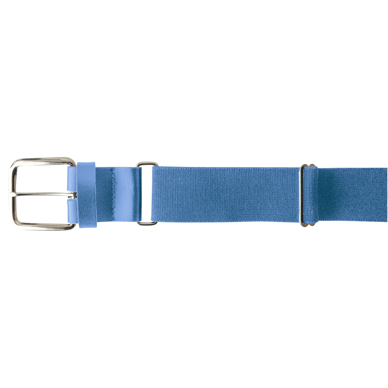 The Champro Sports MVP Baseball / Softball Belt (A062) is a light blue, adjustable bonded leather belt with 18-gauge thickness, a silver rectangular buckle, and metal hardware. Product is shown horizontally on a white background.