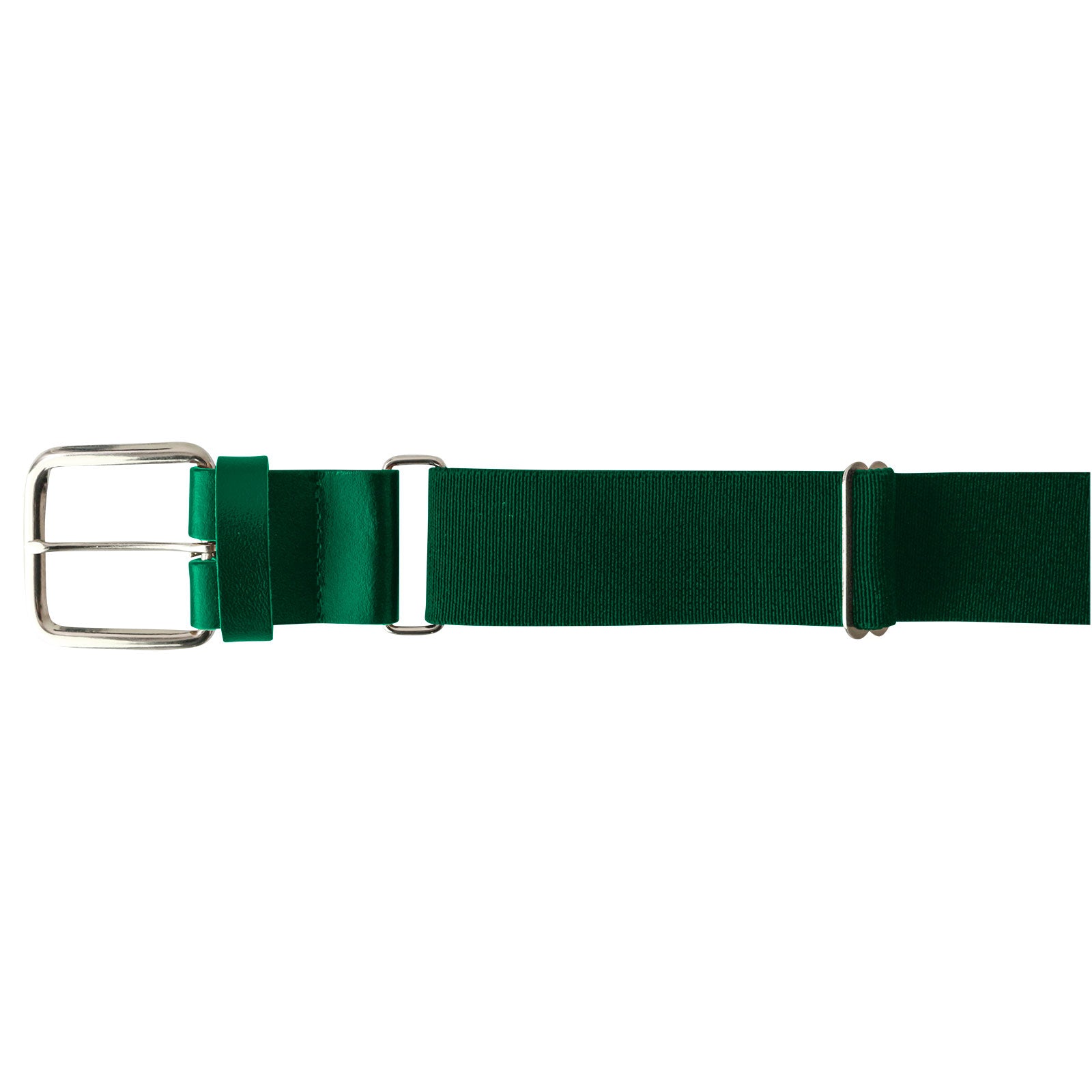 The Champro Sports MVP Baseball/Softball Belt (A062) by Champro Sports features green adjustable fabric, a silver metal buckle, and two matching green loops, displayed against a white background.