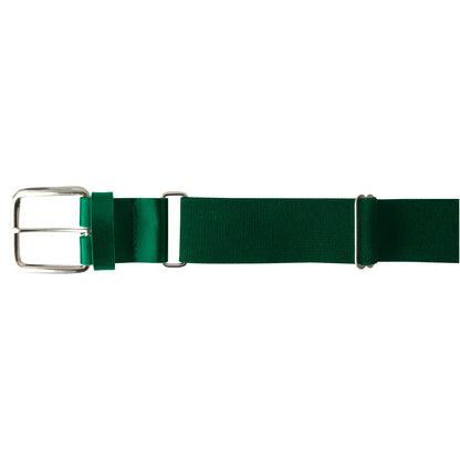 The Champro Sports MVP Baseball/Softball Belt (A062) by Champro Sports features green adjustable fabric, a silver metal buckle, and two matching green loops, displayed against a white background.