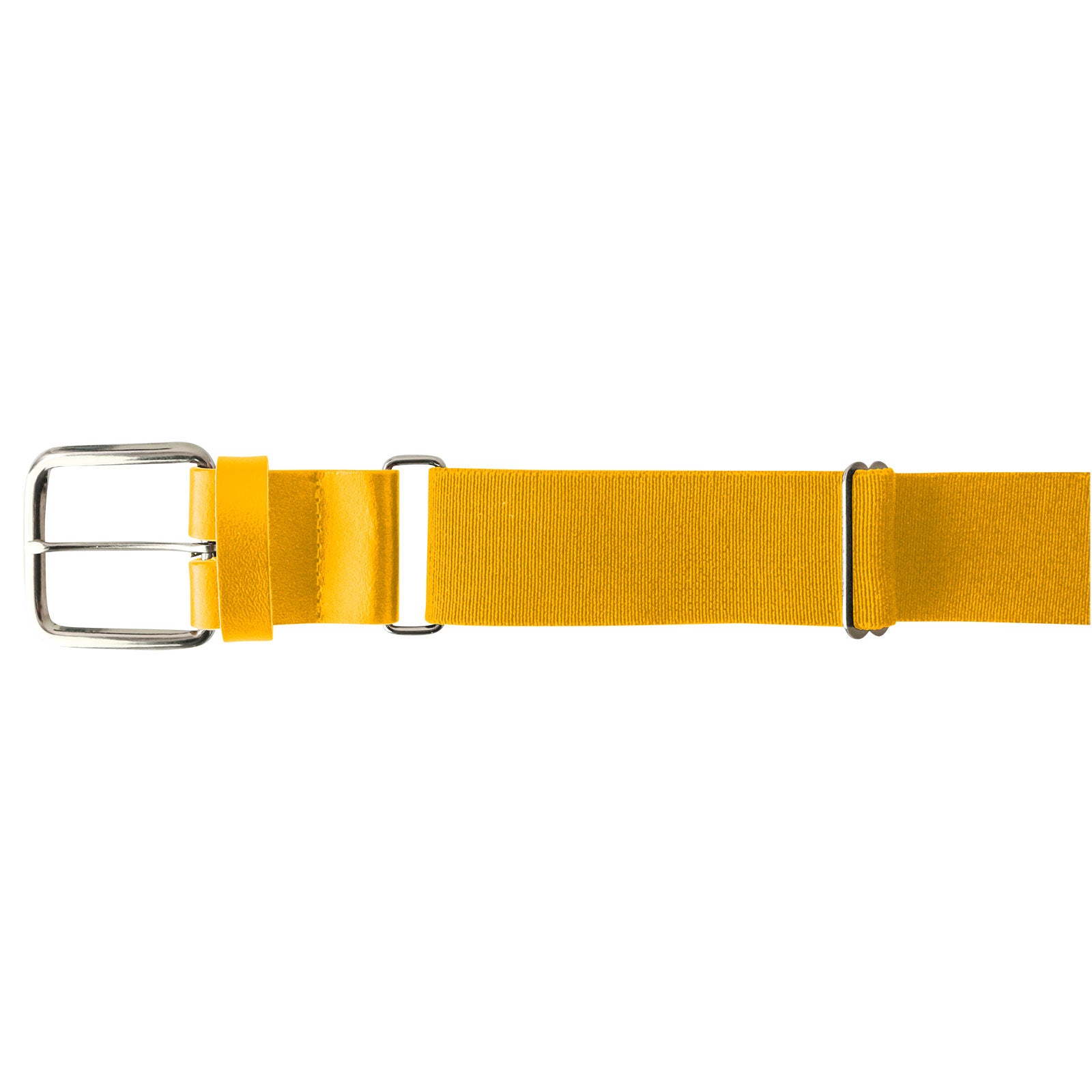 The Champro Sports MVP Baseball / Softball Belt (A062) by Champro Sports is a yellow, 18-gauge adjustable belt with a silver rectangular buckle and an adjustable strap, shown on a white background.
