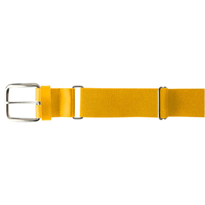 The Champro Sports MVP Baseball / Softball Belt (A062) by Champro Sports is a yellow, 18-gauge adjustable belt with a silver rectangular buckle and an adjustable strap, shown on a white background.