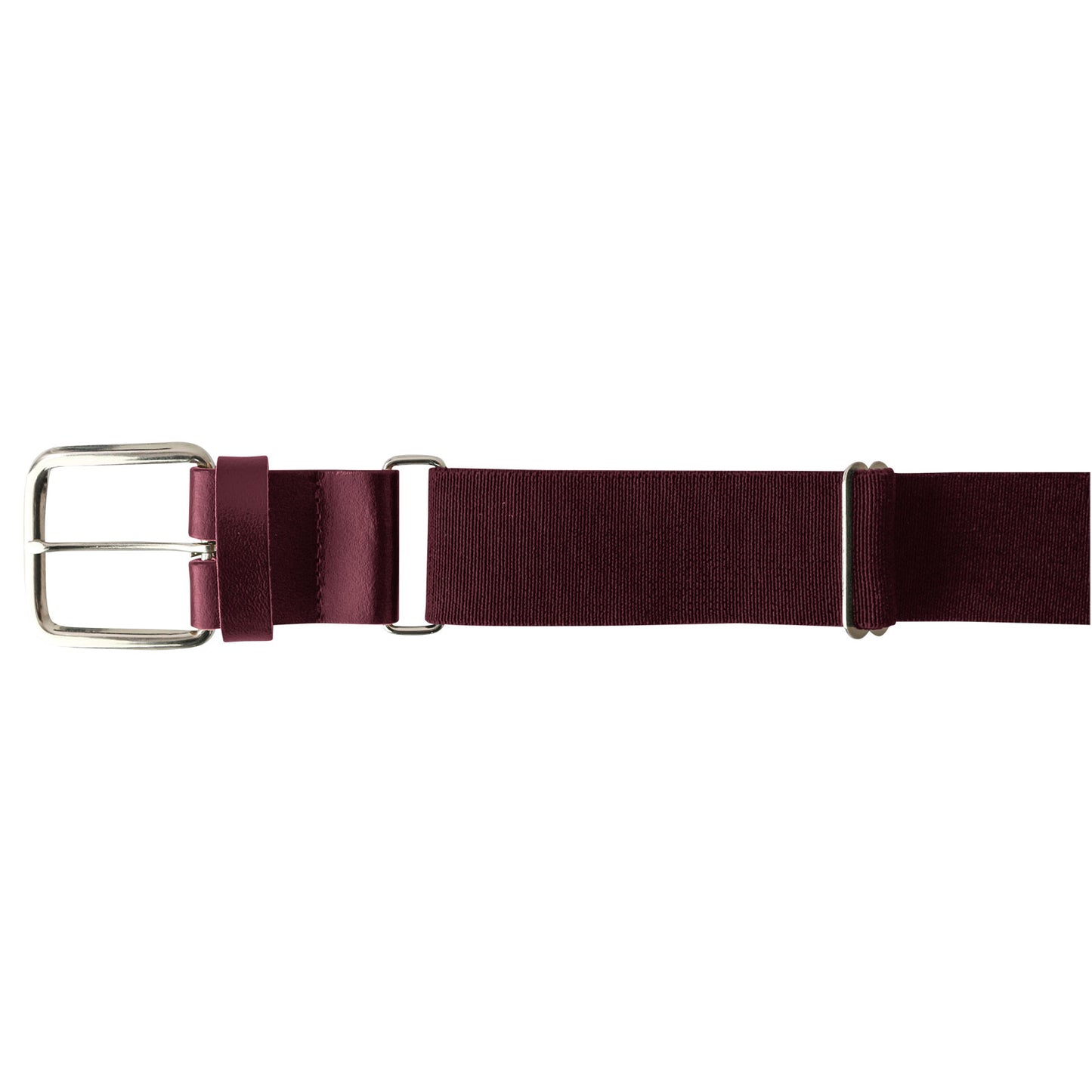 The Champro Sports MVP Baseball/Softball Belt (A062) by Champro Sports, shown in maroon bonded leather with a silver rectangular buckle and leather accents, is displayed laid flat on a white background.