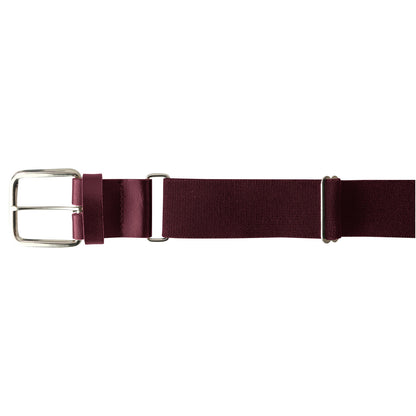 The Champro Sports MVP Baseball/Softball Belt (A062) by Champro Sports, shown in maroon bonded leather with a silver rectangular buckle and leather accents, is displayed laid flat on a white background.