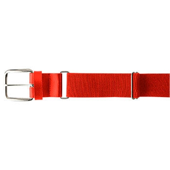 The Champro Sports MVP Baseball / Softball Belt (A062) by Champro Sports features an adjustable red strap and a silver rectangular metal buckle with 18-gauge thickness, displayed horizontally on a white background.