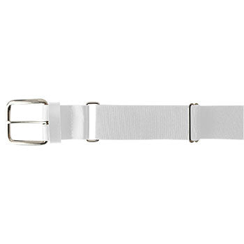 The Champro Sports MVP Baseball/Softball Belt (A062) by Champro Sports features a white adjustable design with a silver metal buckle and two loops, displayed horizontally on a plain white background.
