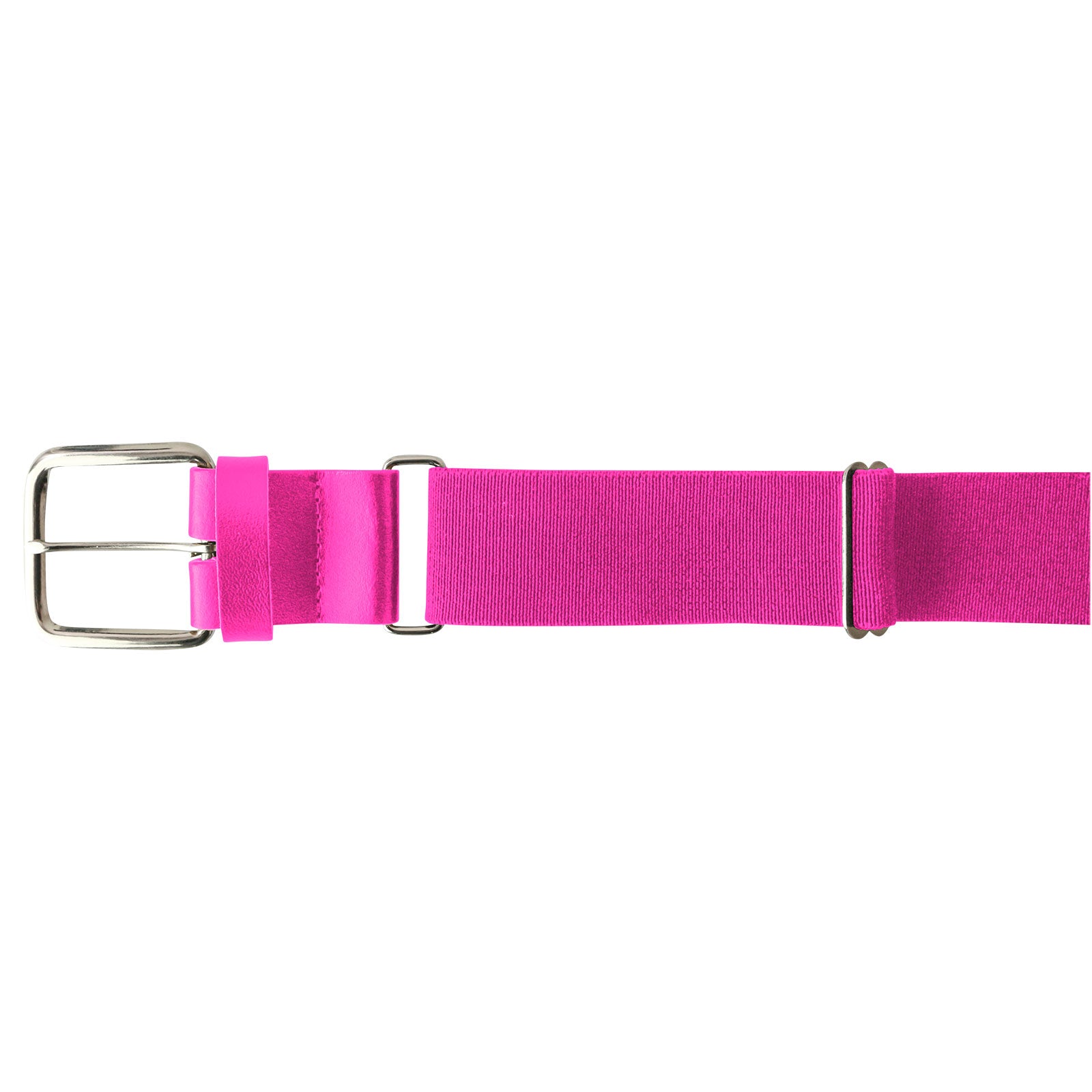 The Champro Sports MVP Baseball/Softball Belt (A062) by Champro Sports is a bright pink, bonded leather belt (18-gauge), with a silver rectangular buckle and metal loop, shown horizontally on a white background.