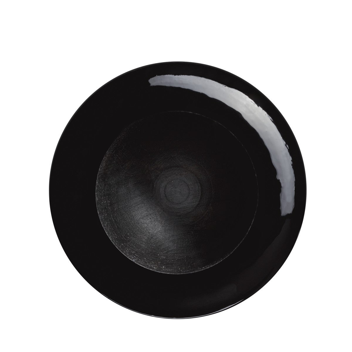 A round, glossy black plate features a subtle circular center pattern and a reflective white streak near the rim—reminiscent of the finish on the Louisville Slugger MLB Prime Signature Series CY22 Christian Yelich Game Model Bat—set against white.