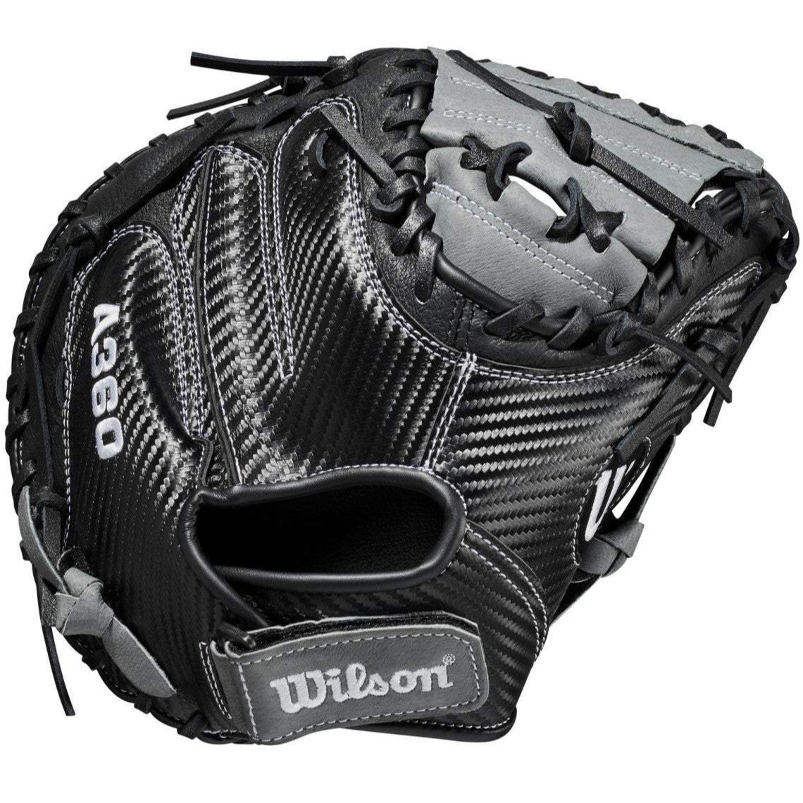 A close-up of the Wilson A360 31.5" Baseball Catcher's Mitt (WBW100190315) by Wilson, showcasing its detailed stitching and durable leather construction for quality performance.