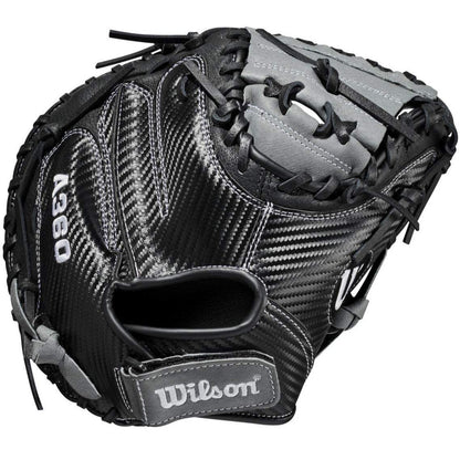 A close-up of the Wilson A360 31.5" Baseball Catcher's Mitt (WBW100190315) by Wilson, showcasing its detailed stitching and durable leather construction for quality performance.
