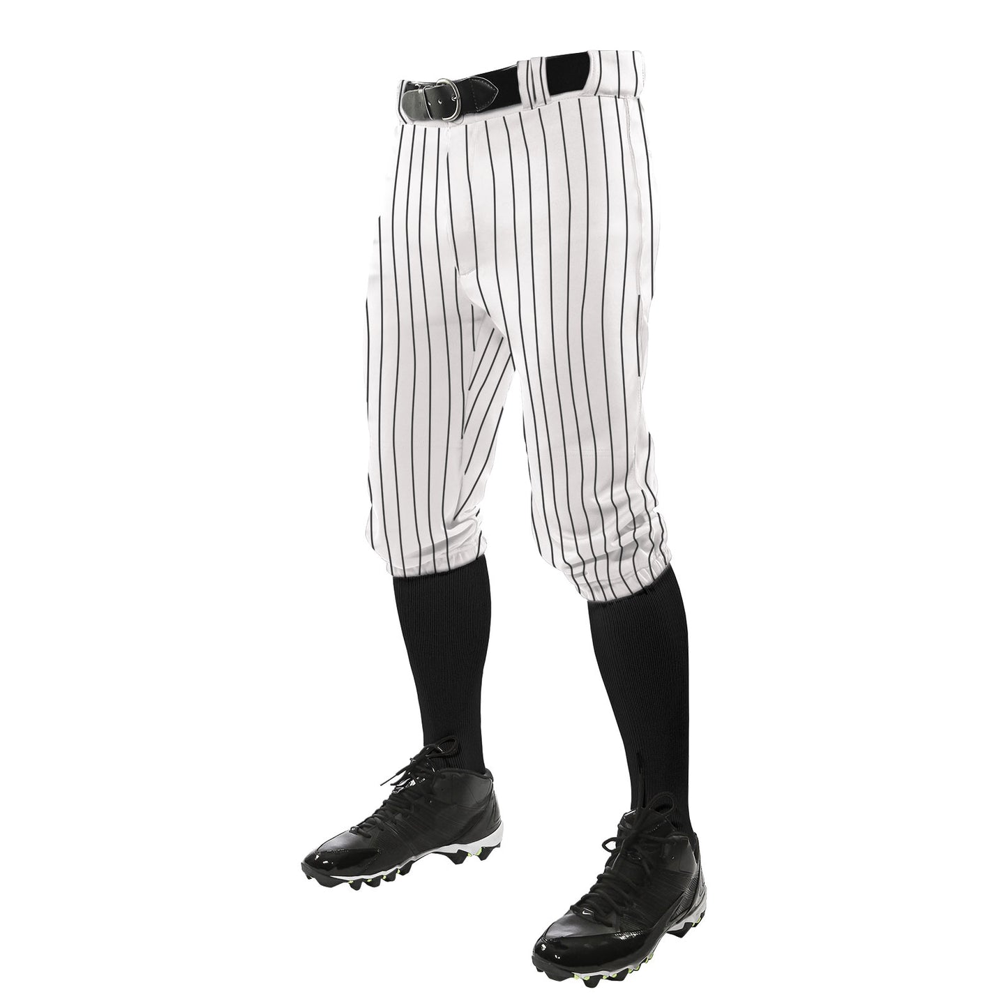 A person is shown from the waist down wearing Champro Sports Champro Adult Triple Crown Pinstripe Knicker Baseball Pants (BPPINKA) with black vertical stripes, a black belt, black knee-high socks, and black cleats.