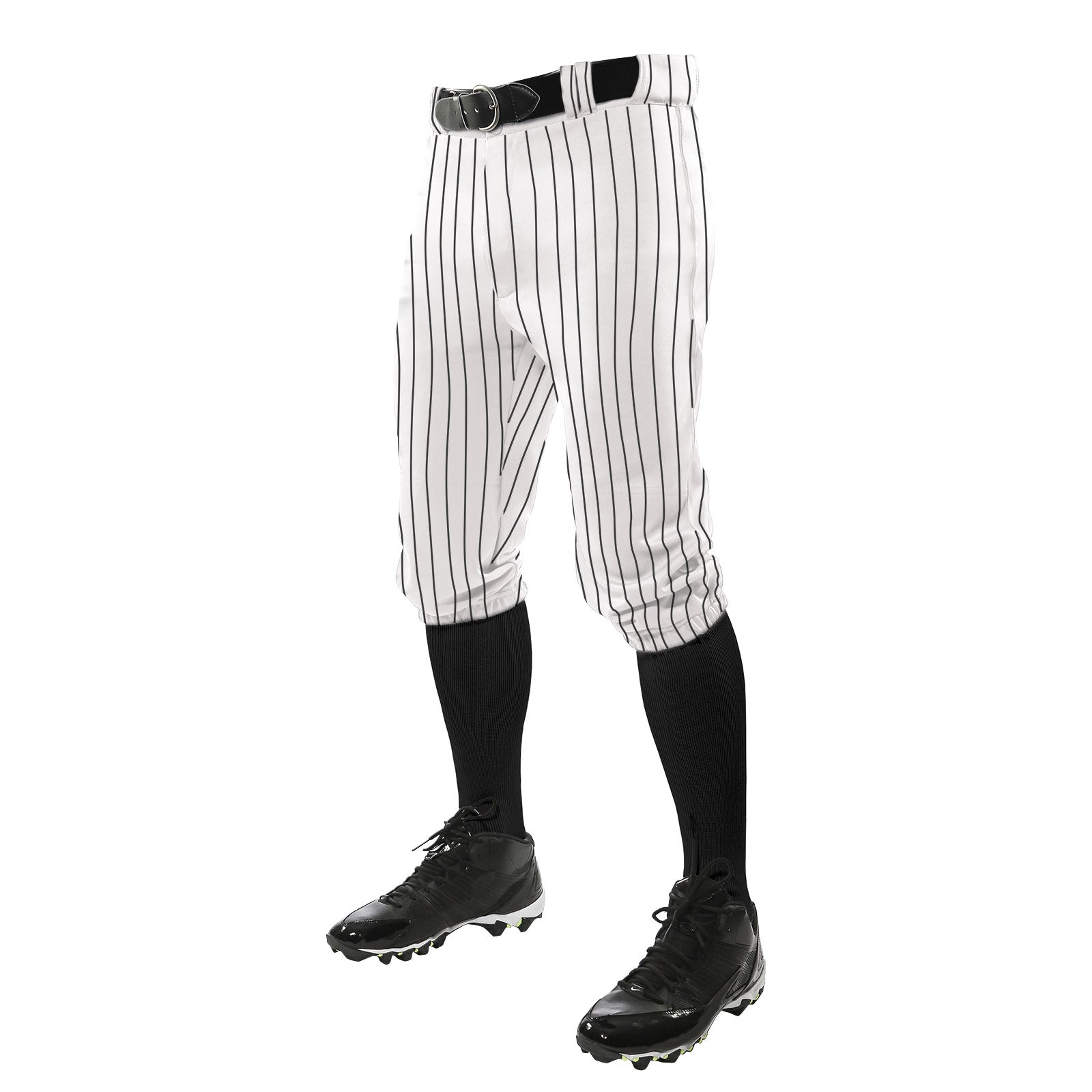 A person is shown from the waist down wearing Champro Sports Champro Adult Triple Crown Pinstripe Knicker Baseball Pants (BPPINKA) with black vertical stripes, a black belt, black knee-high socks, and black cleats.