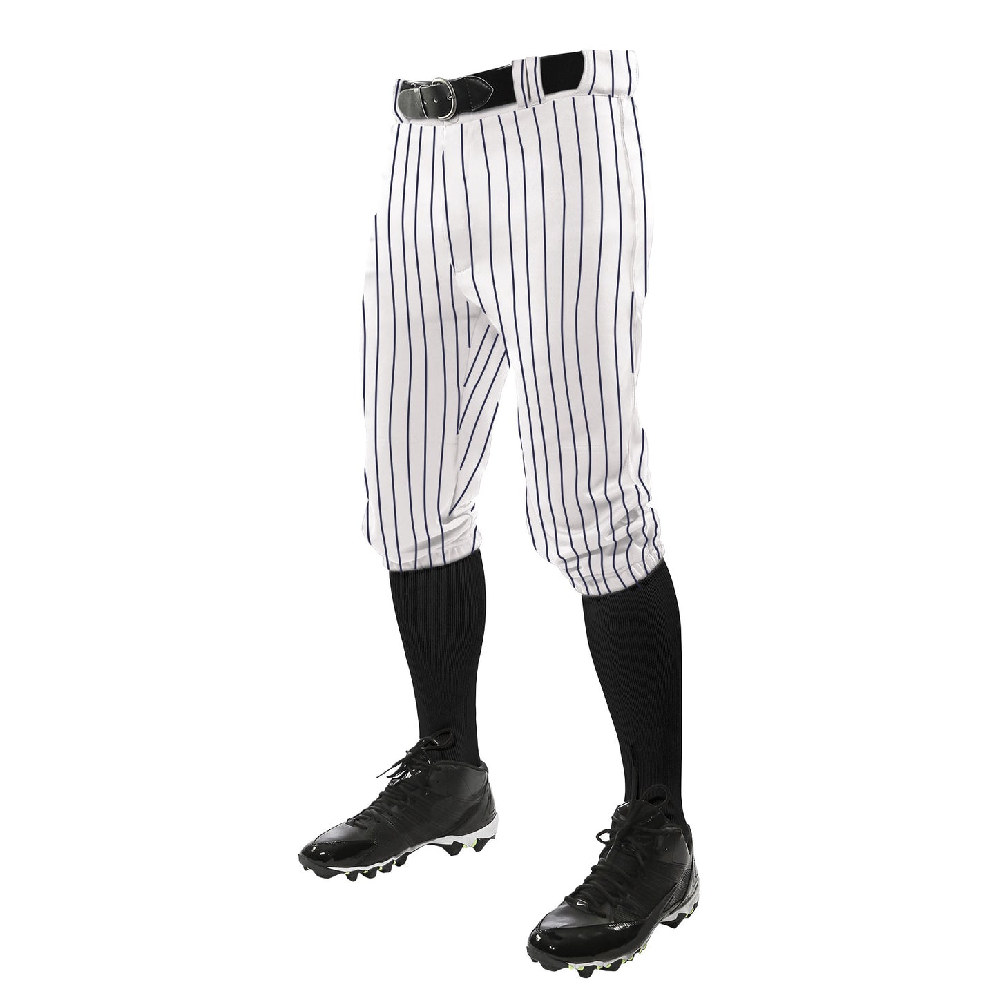 A person wears Champro Sports Triple Crown Pinstripe Knicker Baseball Pants (BPPINKA) in white with black pinstripes, a black belt, black knee-high socks, and cleats—shown waist down on a white background.