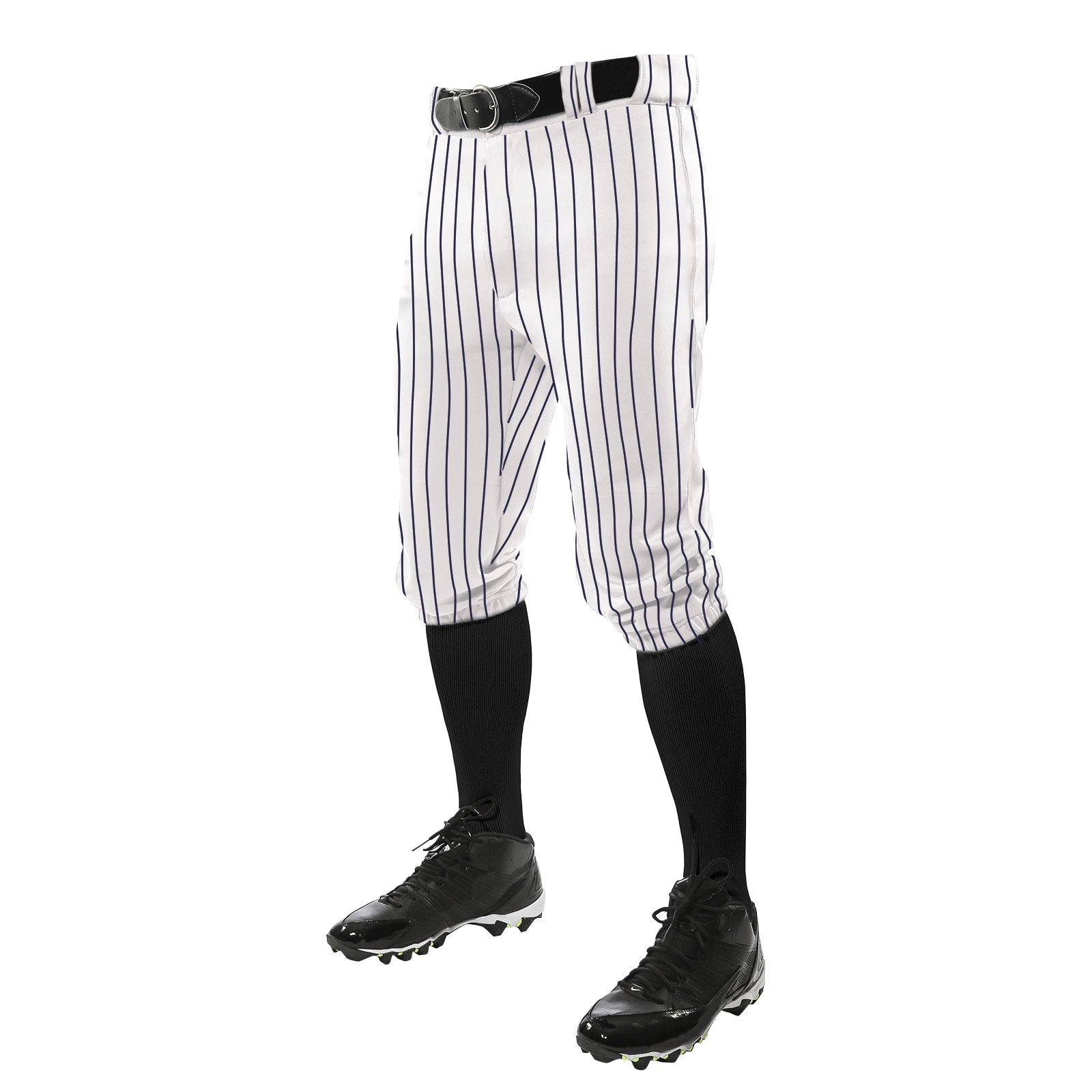 A person wears Champro Sports Triple Crown Pinstripe Knicker Baseball Pants (BPPINKA) in white with black pinstripes, a black belt, black knee-high socks, and cleats—shown waist down on a white background.