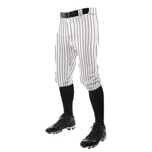 A person wears Champro Sports Triple Crown Pinstripe Knicker Baseball Pants (BPPINKA) in white with black pinstripes, a black belt, black knee-high socks, and cleats—shown waist down on a white background.