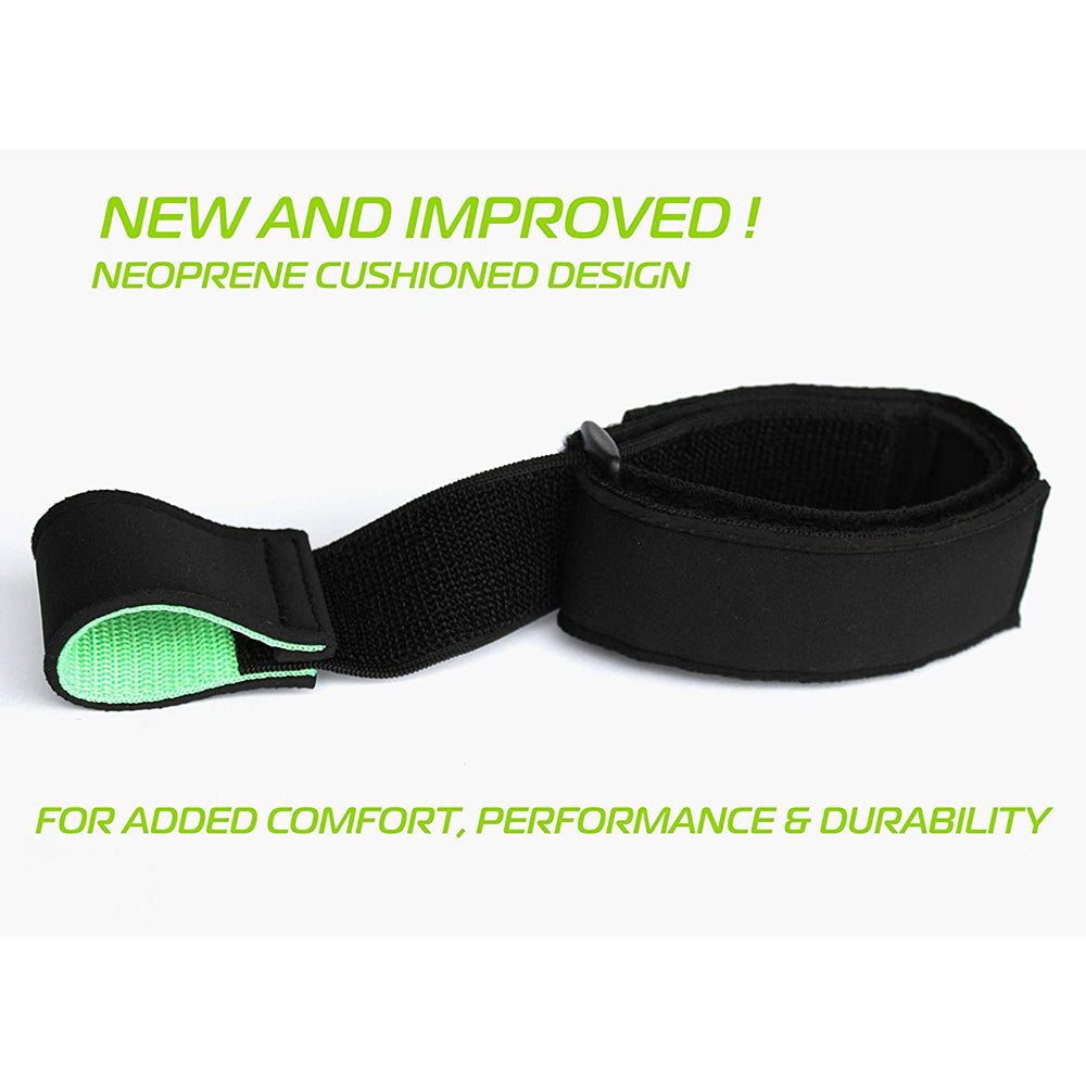 A SWINGRAIL Baseball & Softball Swing Trainer is shown with a black strap and green neoprene cushioned lining. Text reads: NEW AND IMPROVED! Neoprene for comfort, performance & durability. Perfect for improving bat speed. White background.