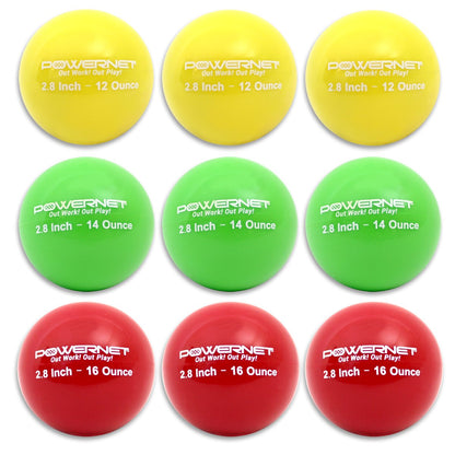 The PowerNet 2.8" Weighted Hitting and Batting Progressive Training Balls (9 Pack) features nine balls in yellow (12 oz), green (14 oz), and red (16 oz), each labeled with size and weight—ideal for baseball power training at various intensities.